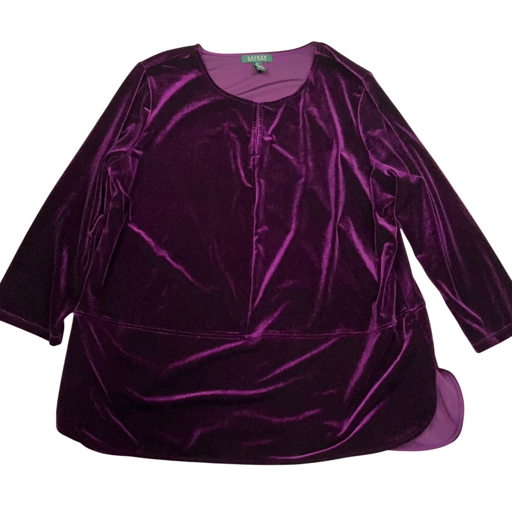 Lauren Ralph Lauren Tunic Women 2X Purple Velvet Keyhole Jewel Soft Top Party